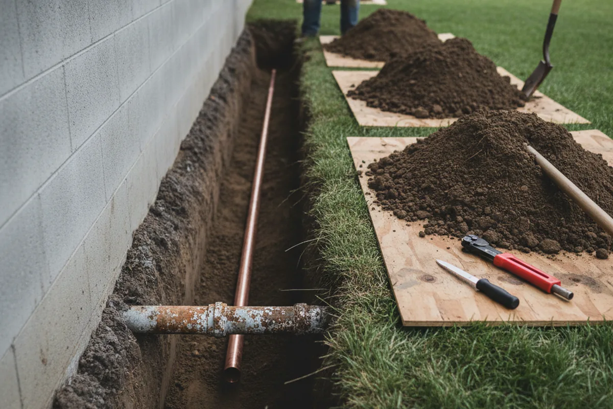 Excavated water line trench during Sewer Line Repair in Cortland